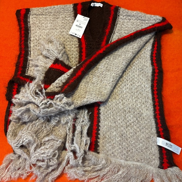 Zara cream, brown and red striped touch of wool poncho NWT - Picture 9 of 12